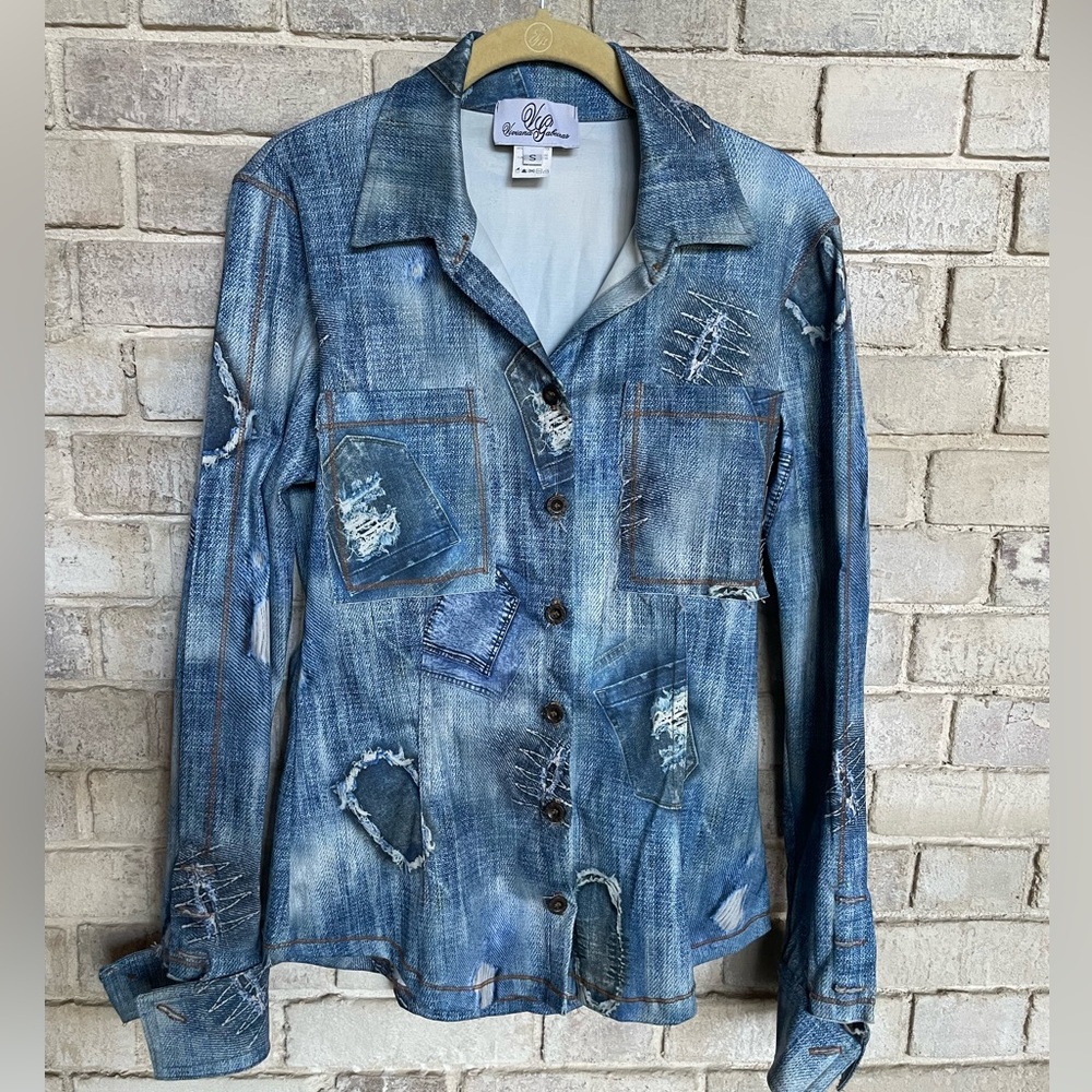 Petit Pois by Viviana G classic patch “denim” shirt size small